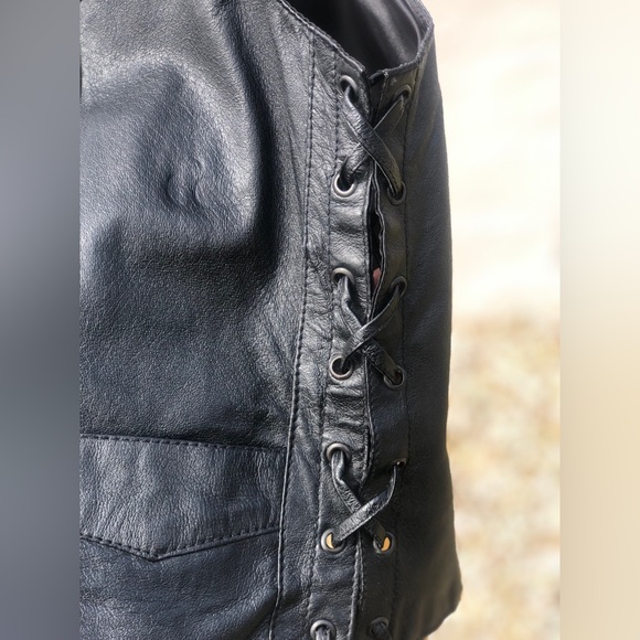 Vintage 90s grunge punk biker black leather side lace up leather vest - Picture 5 of 11